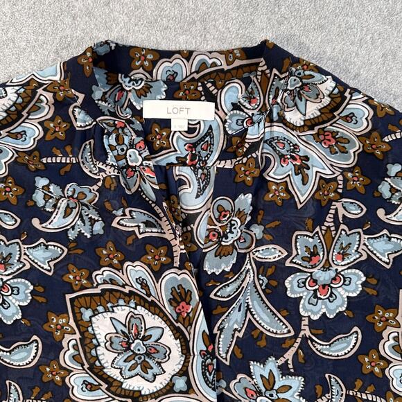 Loft Floral Paisley Peasant Sheer Tunic Blouse Women's small Navy/Brown V-Neck - Picture 2 of 9